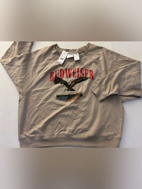 Budweiser Tan Crewneck Sweatshirt with Red Logo and Multicolor Duck Graphic
